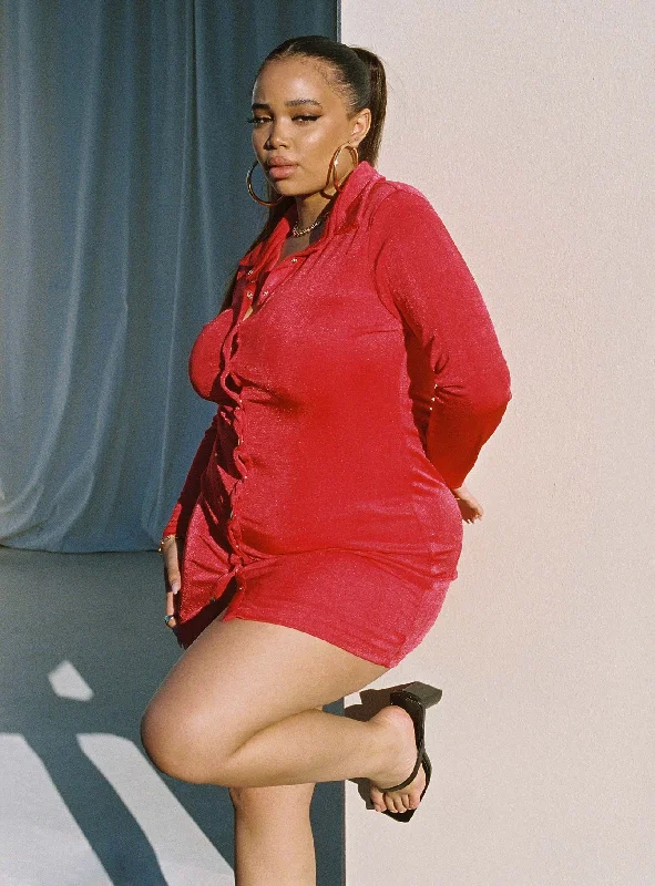 Elody Long Sleeve Mini Dress Red Curve Crew Neckline Casual