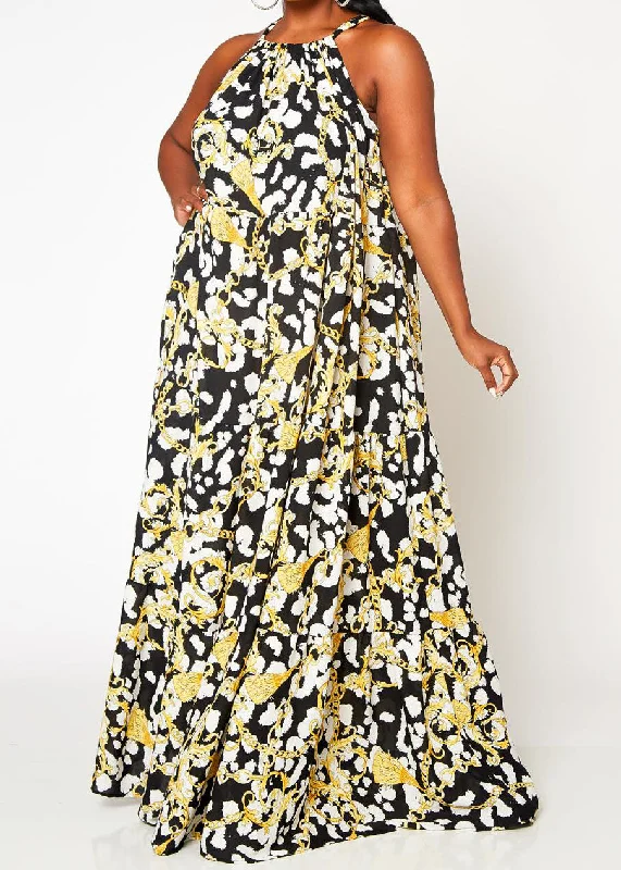 Hi Curvy Plus Size Gold Chain Halter Neck Maxi Dress Tunics Sophisticated sleek
