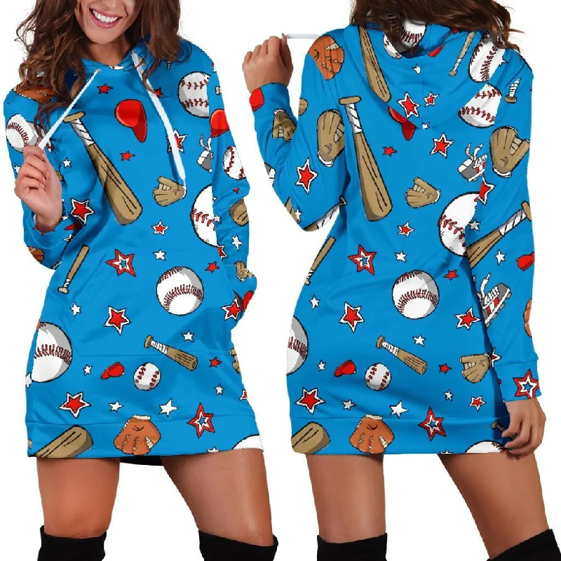 Baseball Pattern Print Women Hoodie Dress Hoodie with Set-In Sleeves Structured Classic Baseball Pattern Print Women Hoodie Dress Hoodie with Set-In Sleeves Structured Classic
