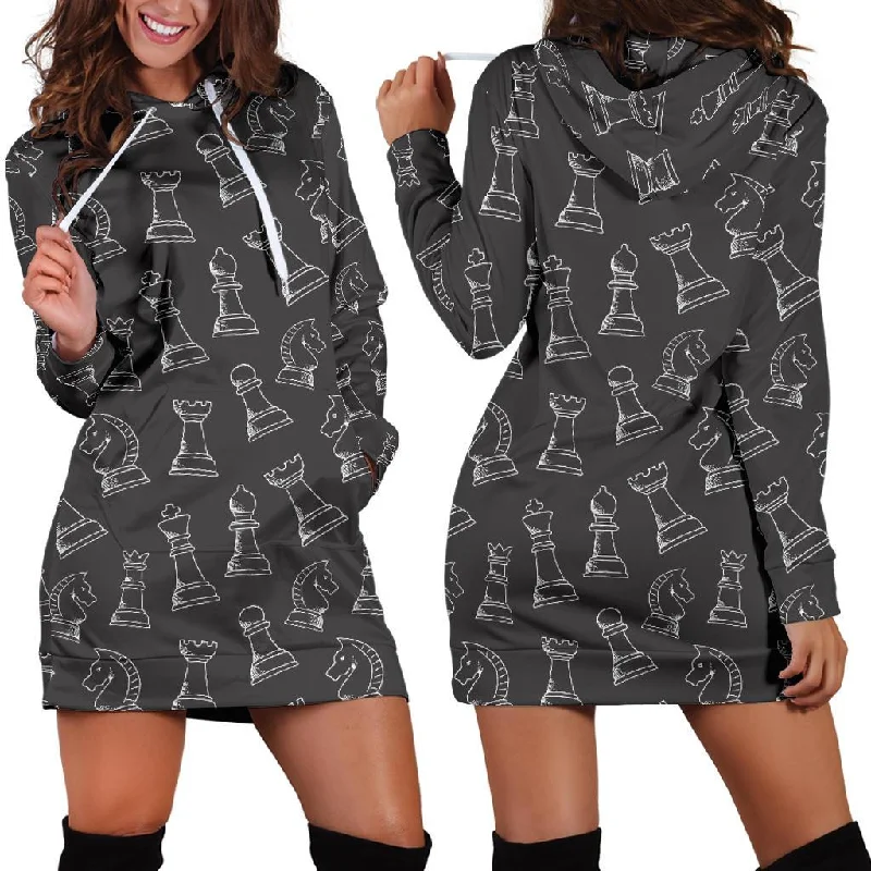 Chess Print Pattern Women Hoodie Dress Hoodie with Slit Hem Functional Movement