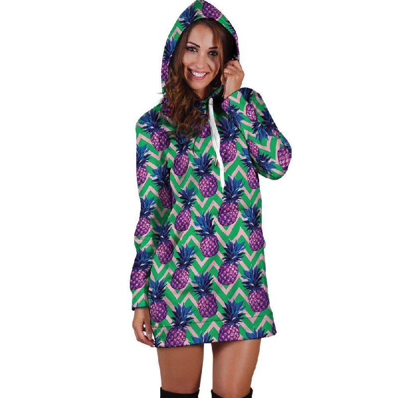 Abstract Hawaiian Pineapple Print Hoodie Dress Hoodie with Turtle Neck Cozy Winter