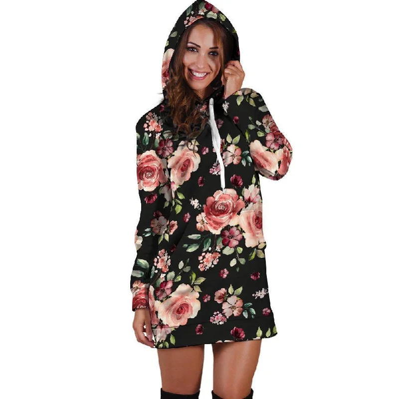 Black Pink Rose Flower Print Hoodie Dress Hoodie with Side Slits Relaxed Casual