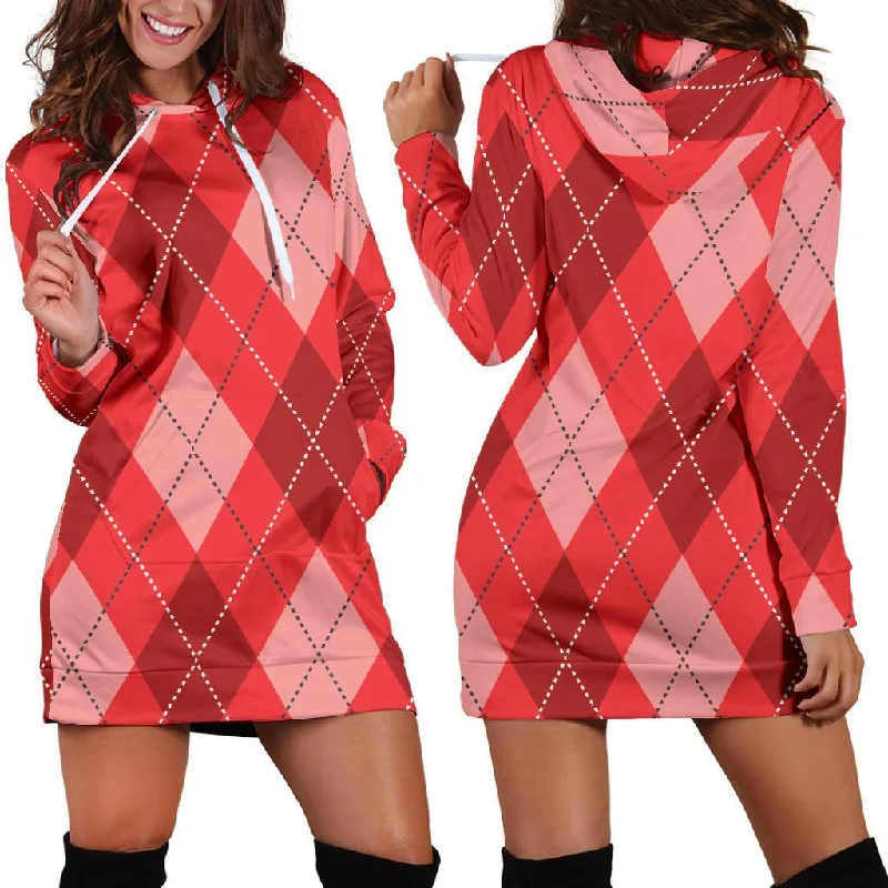 Argyle Red Pattern Print Women Hoodie Dress Hoodie with Button Placket Classic Preppy Argyle Red Pattern Print Women Hoodie Dress Hoodie with Button Placket Classic Preppy