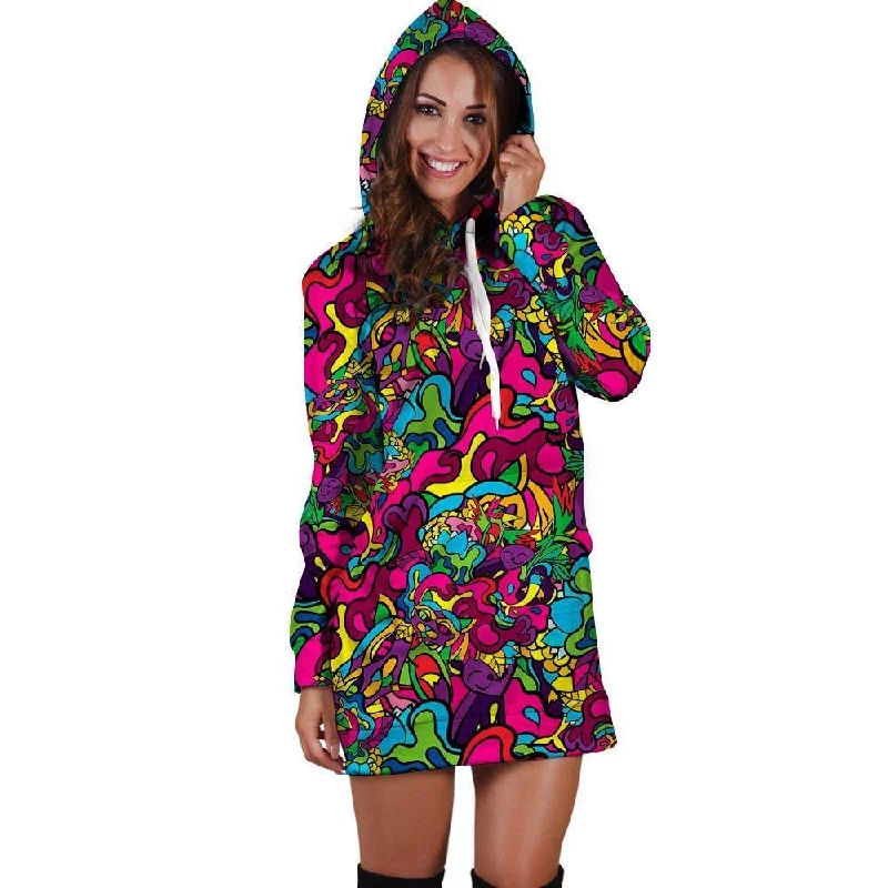 Cat Hippie Psychedelic Hoodie Dress Hoodie with Hem Detail Decorative Unique