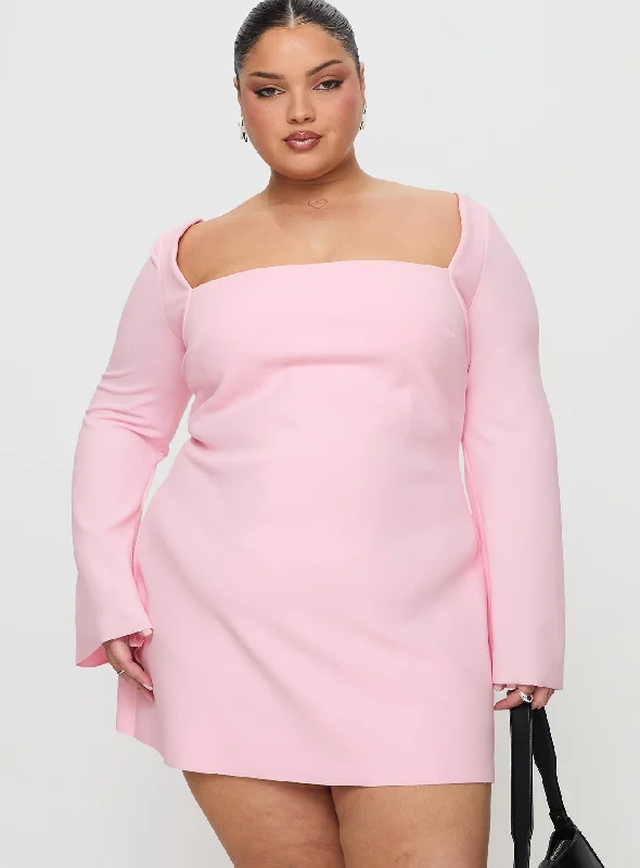 Bombshell Long Sleeve Mini Dress Pink Curve Halter Neckline Beach