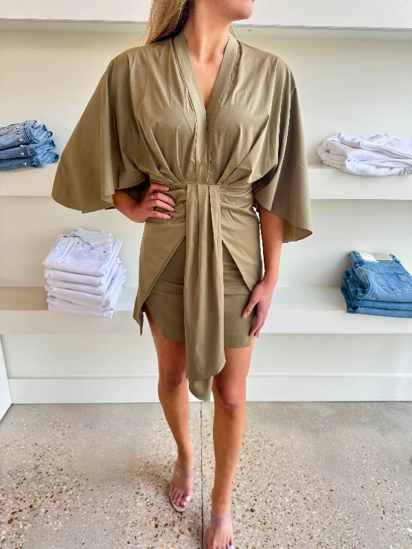 Olive Satin Front Tie Dolman Sleeve Mini Dress Stylish Plaid Mini Dress