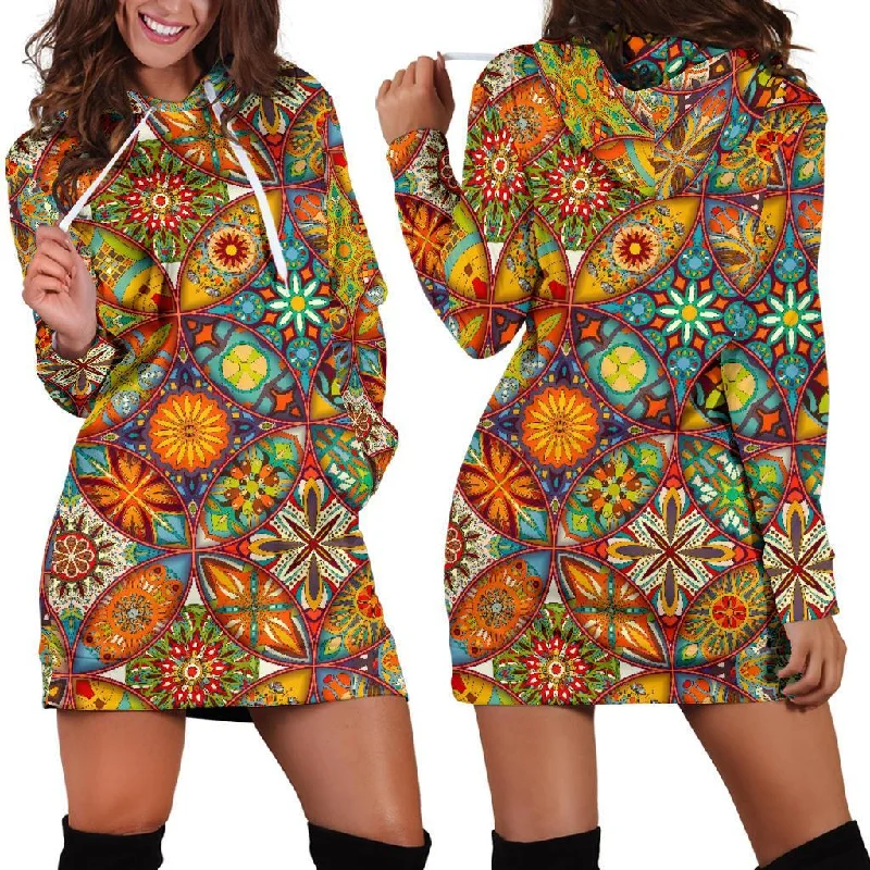 Bohemian Patchwork Print Pattern Women Hoodie Dress Hoodie with Mesh Breathable Sporty Bohemian Patchwork Print Pattern Women Hoodie Dress Hoodie with Mesh Breathable Sporty