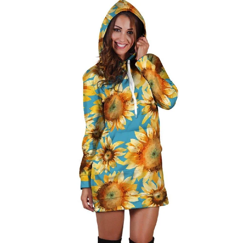 Blue Sunflower Hoodie Dress Hoodie with Illustration Artistic Creative