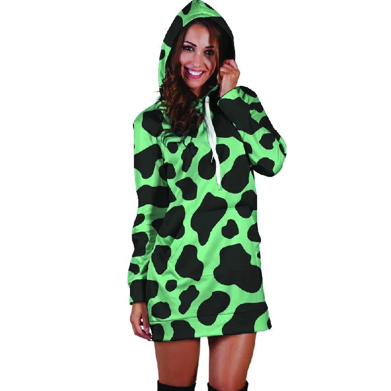Black And Teal Cow Print Hoodie Dress Hoodie Dress Longline Feminine