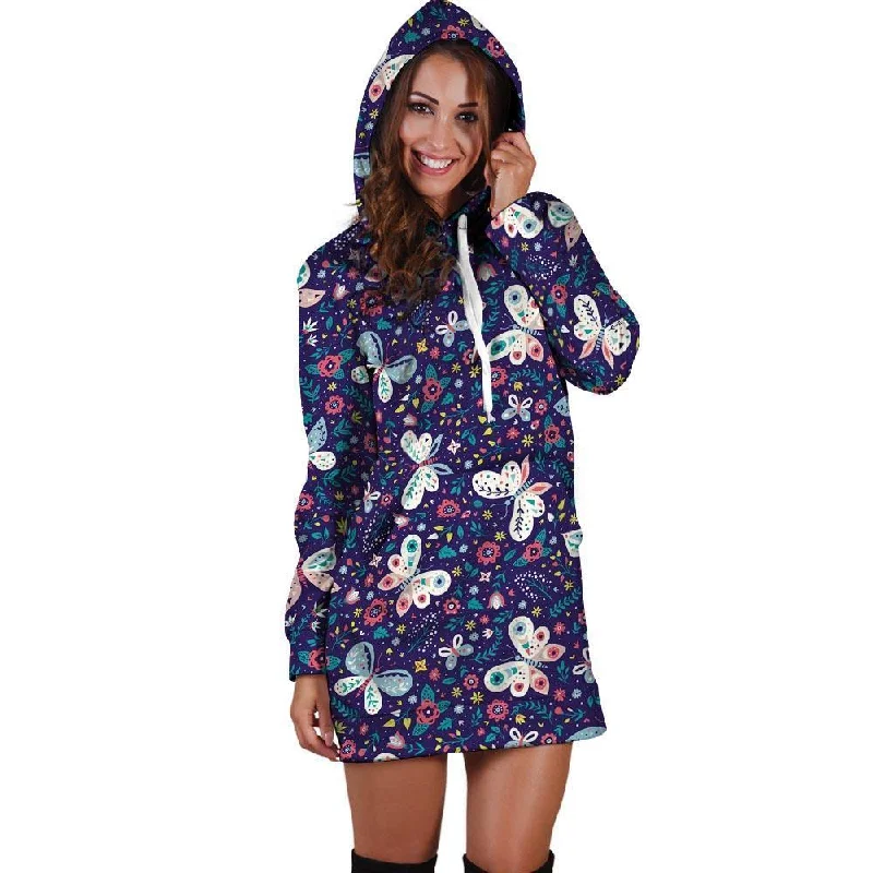 Blue Butterfly Floral Print Hoodie Dress Hoodie with Crew Neck Simple Timeless