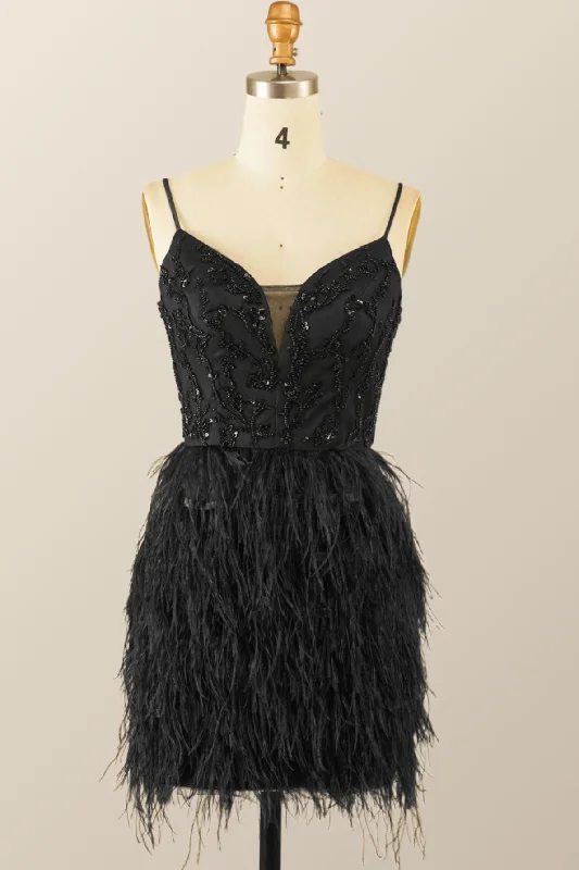 Straps Black Beaded Feather Mini Dress Fashionable Boho-Chic Mini Dress