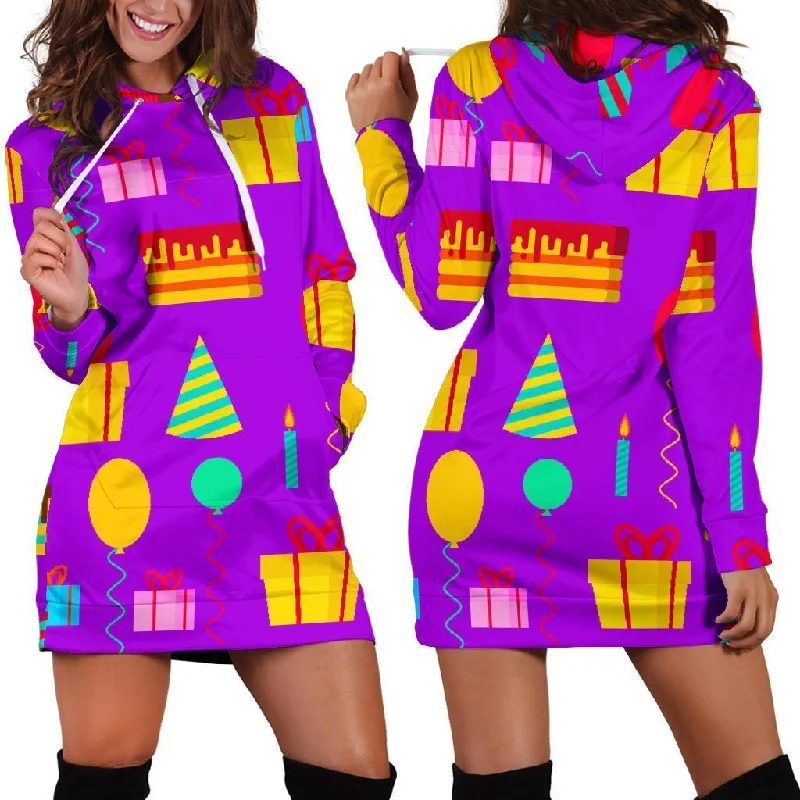 Birthday Pattern Print Women Hoodie Dress Hoodie with Metallic Shiny Futuristic