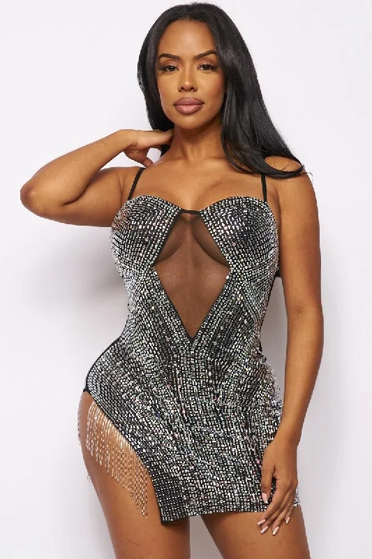 Rhinestone Bodycon Mini Dress Elegant Off-Shoulder Dress Mini