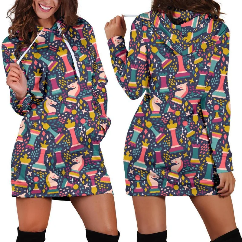 Chess Colorful Pattern Print Women Hoodie Dress Hoodie with Front Slit Layering Stylish Chess Colorful Pattern Print Women Hoodie Dress Hoodie with Front Slit Layering Stylish