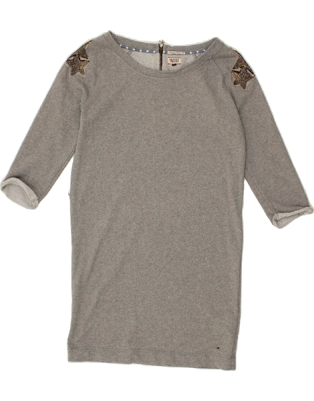 TOMMY HILFIGER Womens 3/4 Sleeve Sweatshirt Jumper Dress UK 10 Small Grey Hoodie with Half-Zip Sporty Casual