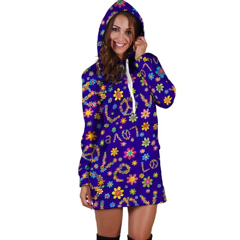 Abstract Floral Hippie Hoodie Dress Hoodie with Drawstring Waist Adjustable Fitted
