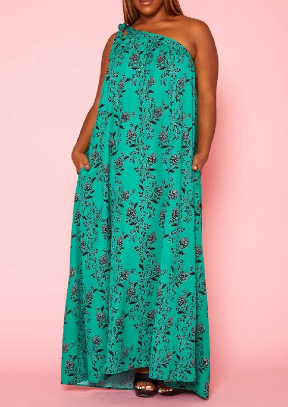 Hi Curvy Plus Size Women One Shoulder Floral Print Maxi Dress Tunics Sale discount