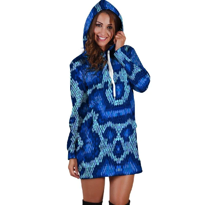 Blue Snakeskin Print Hoodie Dress Hoodie with Rhinestones Sparkly Elegant