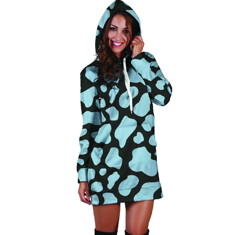 Blue And Black Cow Print Hoodie Dress Hoodie with Full-Zip Functional Layering