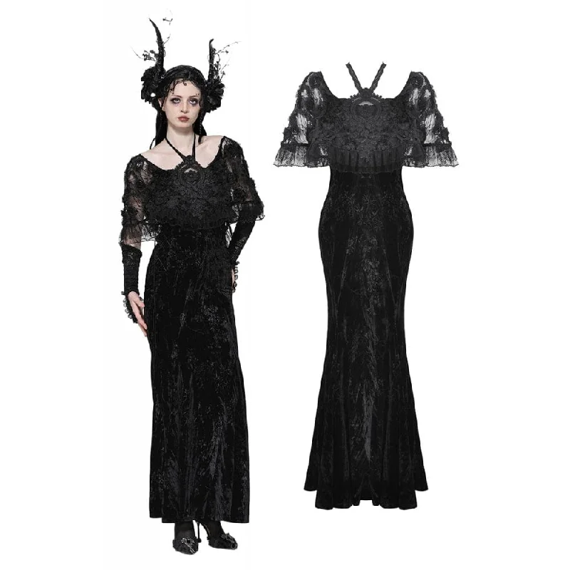 Women's Gothic Rose Embroidered Velvet Prom Fishtail Dress A-Line Day Work