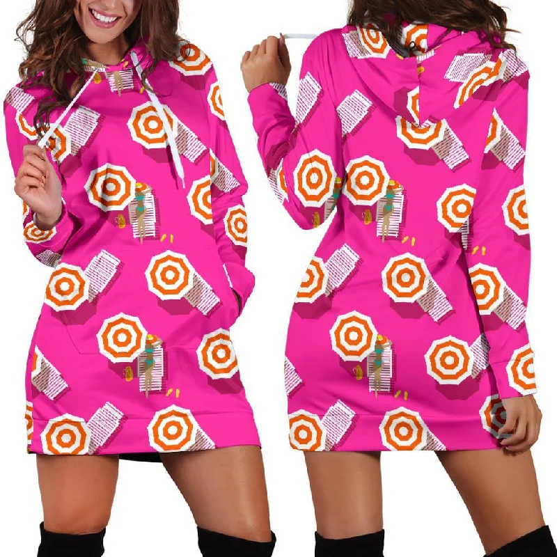 Beach Pink Pattern Print Women Hoodie Dress Hoodie with Cropped Fit Short Trendy