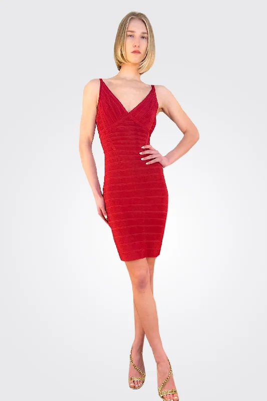 V Neck Bandage Mini Dress - Red Cozy Satin Mini Dress