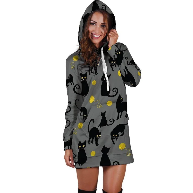 Black Cat Knit Print Hoodie Dress Hoodie with Hem Embroidery Detailed Premium