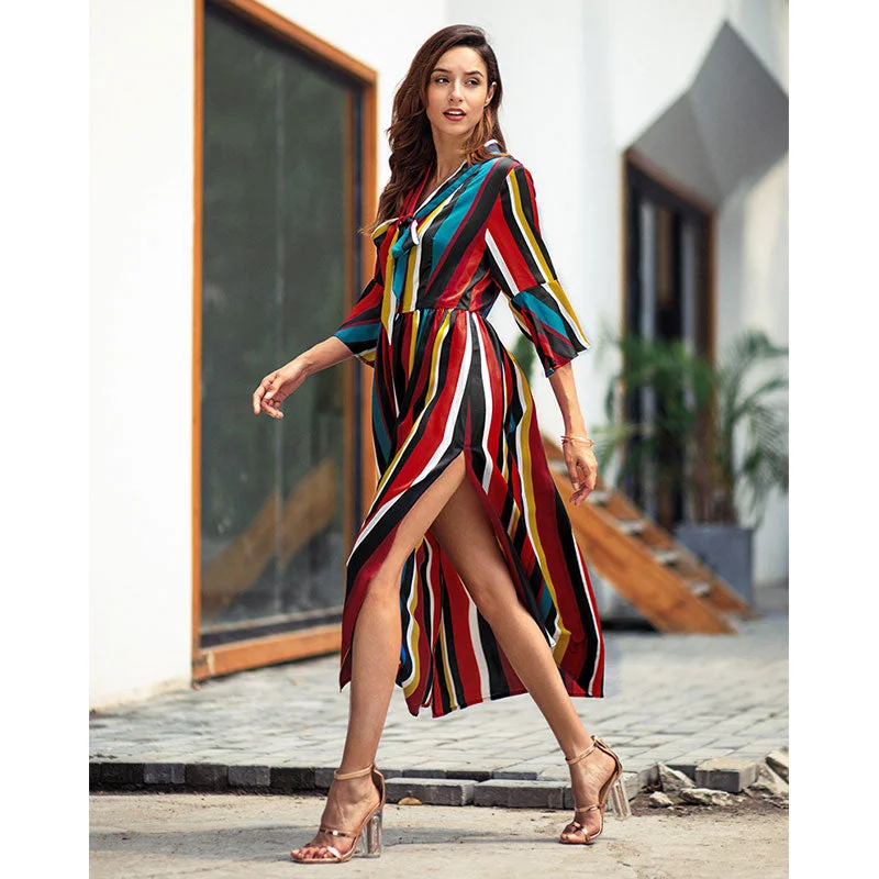 Rainbow Striped Bow Long Dress Women Fashion Split Hem Slim A-line Dresses Spring Autumn Ladies Elegant Party Dress High Quality Pencil Office Professional Rainbow Striped Bow Long Dress Women Fashion Split Hem Slim A-line Dresses Spring Autumn Ladies Elegant Party Dress High Quality Pencil Office Professional