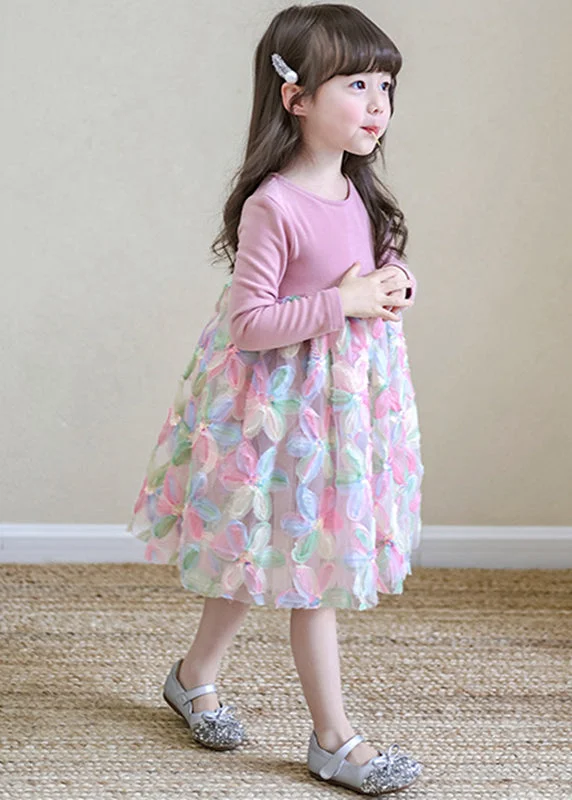 Lovely Pink O-Neck Print Tulle Girls Long Dresses Spring TV033 A-Line Day Work