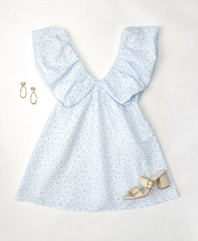 LAUGH OFTEN BLUE RUFFLE MINI DRESS Cozy Wraparound Mini Dress