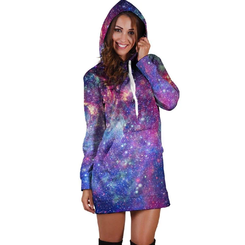 Abstract Starfield Galaxy Space Hoodie Dress Hoodie with Frayed Bohemian Relaxed