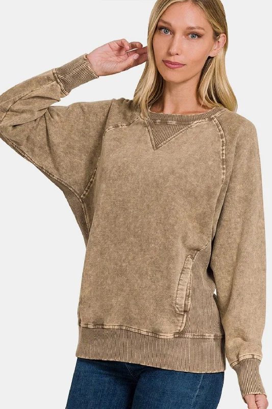 Zenana Pocketed Round Neck Sweatshirt Hoodie with Raglan Sleeves Sporty Comfortable