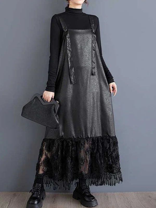 Elegant Black Square Collar Jacquard Patchwork Lace Ruffled Hem Suspender Dress TW010 Tunics Business professional Elegant Black Square Collar Jacquard Patchwork Lace Ruffled Hem Suspender Dress TW010 Tunics Business professional