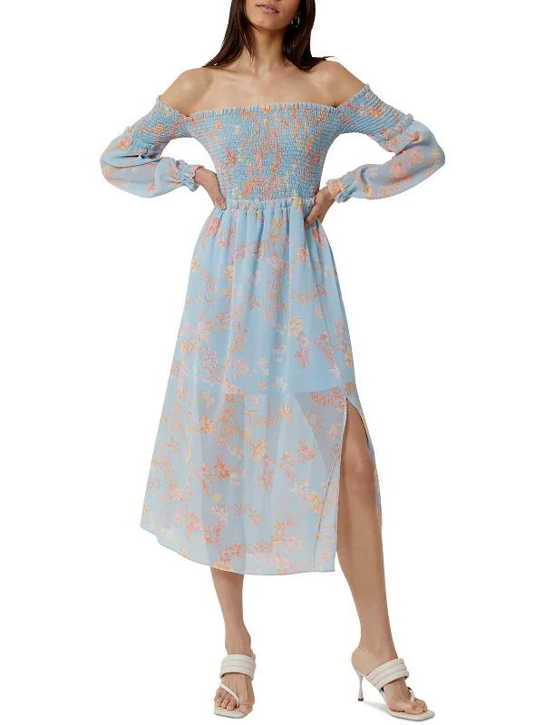 Womens Off-The-Shoulder Floral Print Midi Dress Tunics Modern contemporary