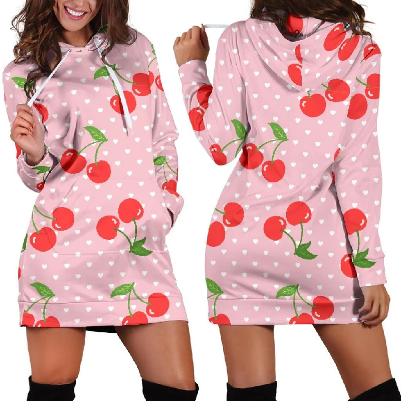 Cherry Heart Dot Pattern Print Women Hoodie Dress Hoodie with Hem Lace Feminine Delicate Cherry Heart Dot Pattern Print Women Hoodie Dress Hoodie with Hem Lace Feminine Delicate