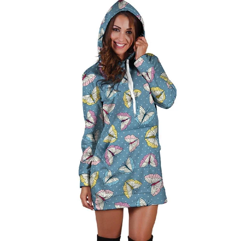 Blue Polka Dots Butterfly Print Hoodie Dress Hoodie with Tie-Dye Psychedelic Retro