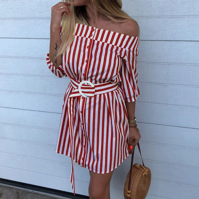 Striped Slash Neck Sashes Mini Dress Casual Half Sleeve Loose Dresses Summer Ladies Fashion Breathable Dress Beach Style New Tunics Favorite customer Striped Slash Neck Sashes Mini Dress Casual Half Sleeve Loose Dresses Summer Ladies Fashion Breathable Dress Beach Style New Tunics Favorite customer