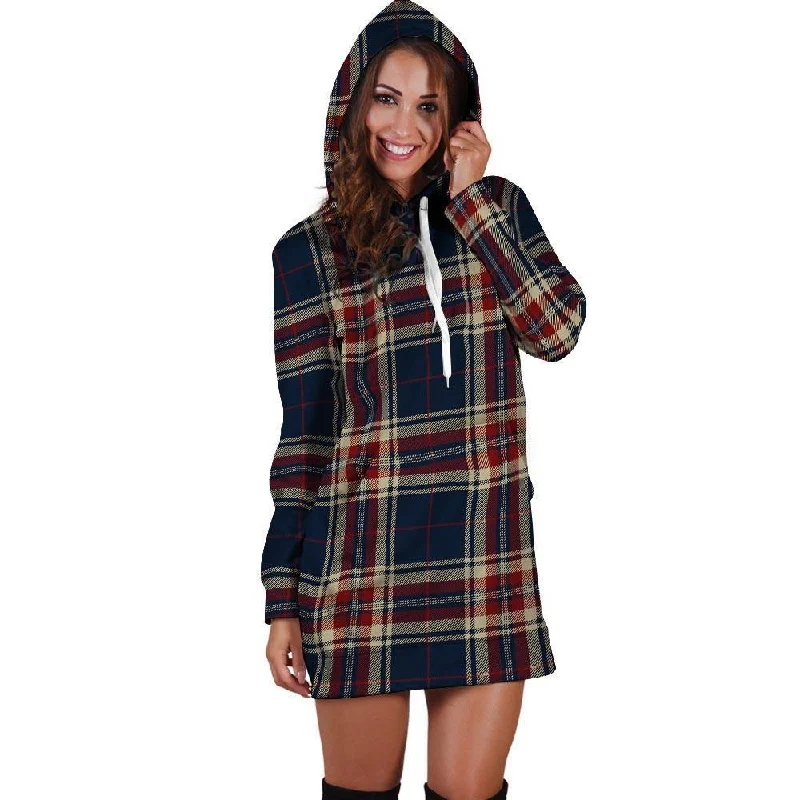 Beige Red And Blue Plaid Tartan Hoodie Dress Hoodie with Ribbed Hem Stretchable Secure Beige Red And Blue Plaid Tartan Hoodie Dress Hoodie with Ribbed Hem Stretchable Secure