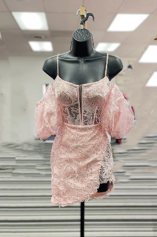 Straps Pink Lace Appliques Tight Mini Dress Stylish Spaghetti Strap Mini Dress