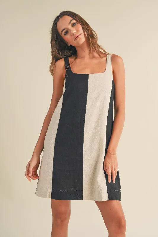 Color Block Linen Mini Dress Comfortable Linen Mini Dress