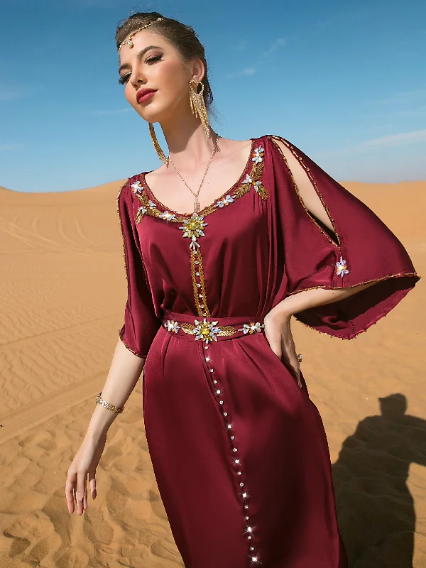 Glittering Rhinestoned Ramadan Abayas - Crew Neck Belted Maxi Dress with Split Cut Out Flare Sleeves - Perfect for Elegant Party Wear Tunics Trendy modern Glittering Rhinestoned Ramadan Abayas - Crew Neck Belted Maxi Dress with Split Cut Out Flare Sleeves - Perfect for Elegant Party Wear Tunics Trendy modern