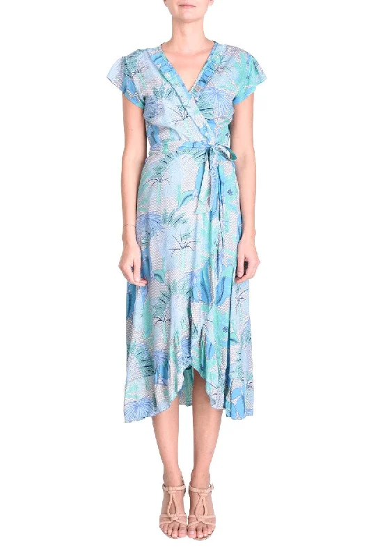 PM Long Wrap Dress With Frill  Blue Clair empire Waist empire