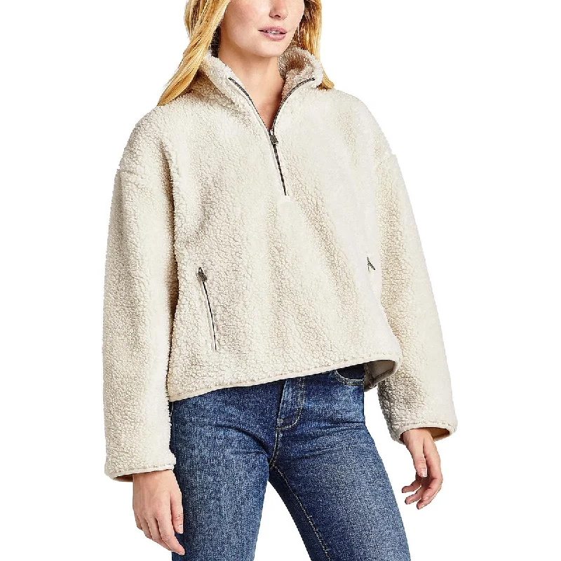 Splendid Womens Faux Fur 1/4 Zip Sweatshirt Hoodie with Frayed Bohemian Relaxed