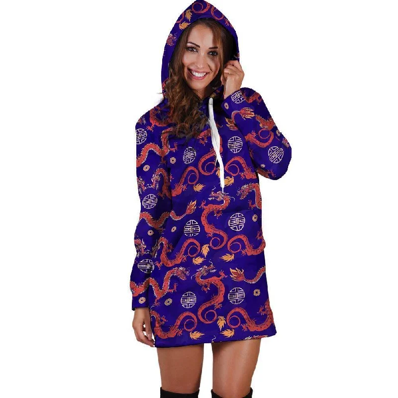 Blue Chinese Dragon Hoodie Dress Hoodie with Bell Sleeves Flared Feminine