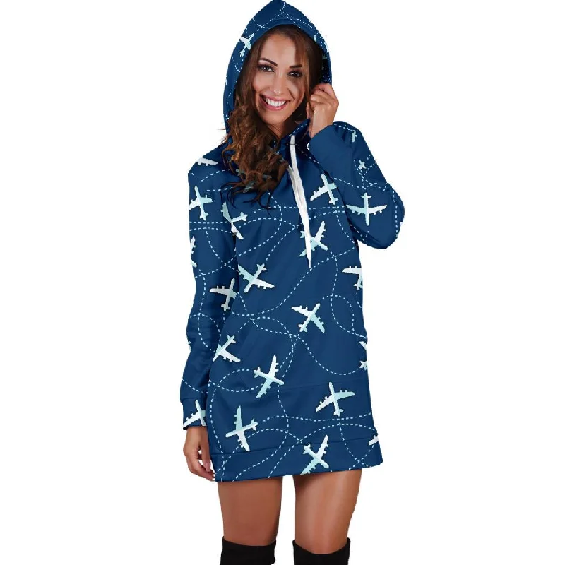 Airplane Print Pattern Women Hoodie Dress Hoodie with Hem Raw Edge Edgy Unfinished
