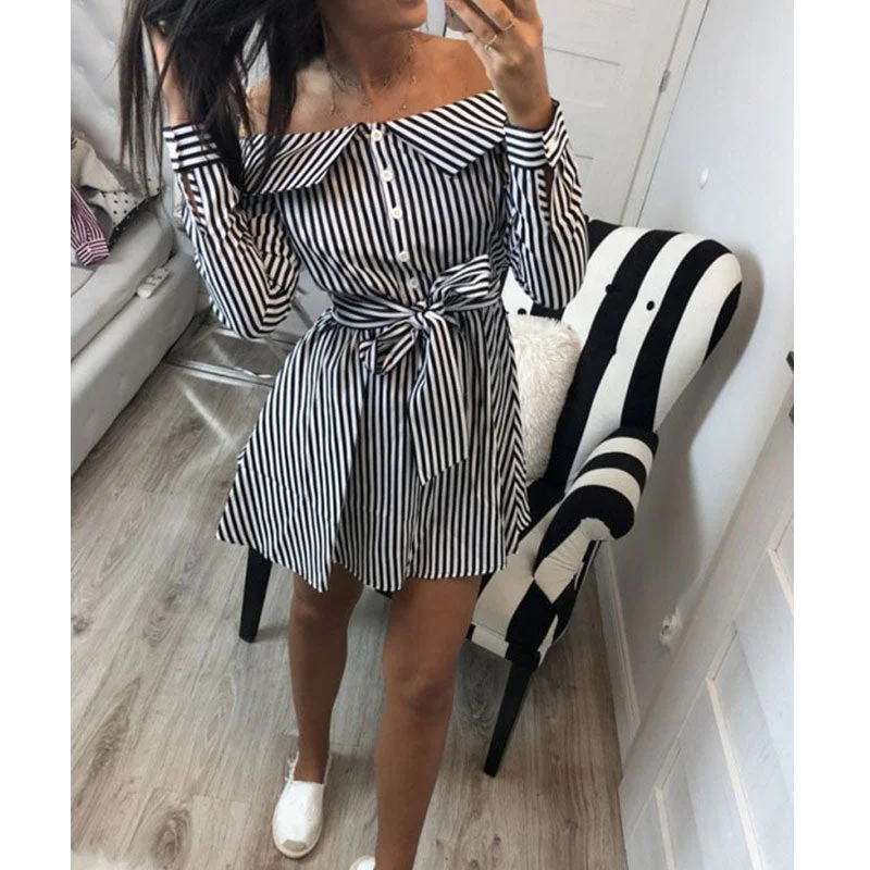 Sexy Striped Lacing Mini Dresses Women Solid Long Sleeve Off Shoulder A-line Dress Ladies Fashion Sweet Party Dress Vestidos New Tunics Luxurious high-end Sexy Striped Lacing Mini Dresses Women Solid Long Sleeve Off Shoulder A-line Dress Ladies Fashion Sweet Party Dress Vestidos New Tunics Luxurious high-end