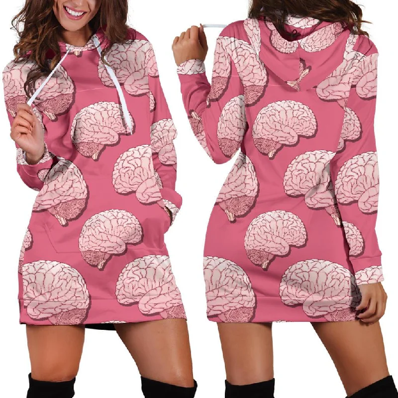 Brain Pink Pattern Print Women Hoodie Dress Hoodie with Typography Text Message