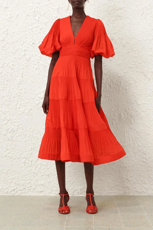 Pleated Midi Dress In Tomato Tunics Brand named