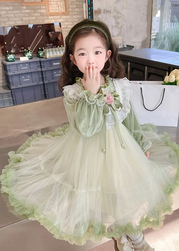 Boutique Silk Velour Patchwork Green Stand Collar Ruffled Tulle Girls Maxi Dress Flare Sleeve TG007 Tunics Party sparkling
