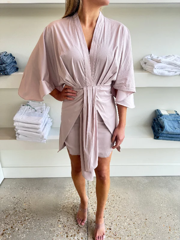 Dusty Pink Satin Front Tie Dolman Sleeve Mini Dress Comfortable Ruffle Mini Dress